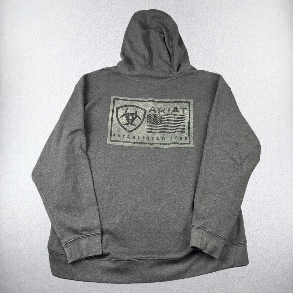 Ariat Hoodie Mens XL Gray Graphic Logo American Flag Established 1993 Pullover